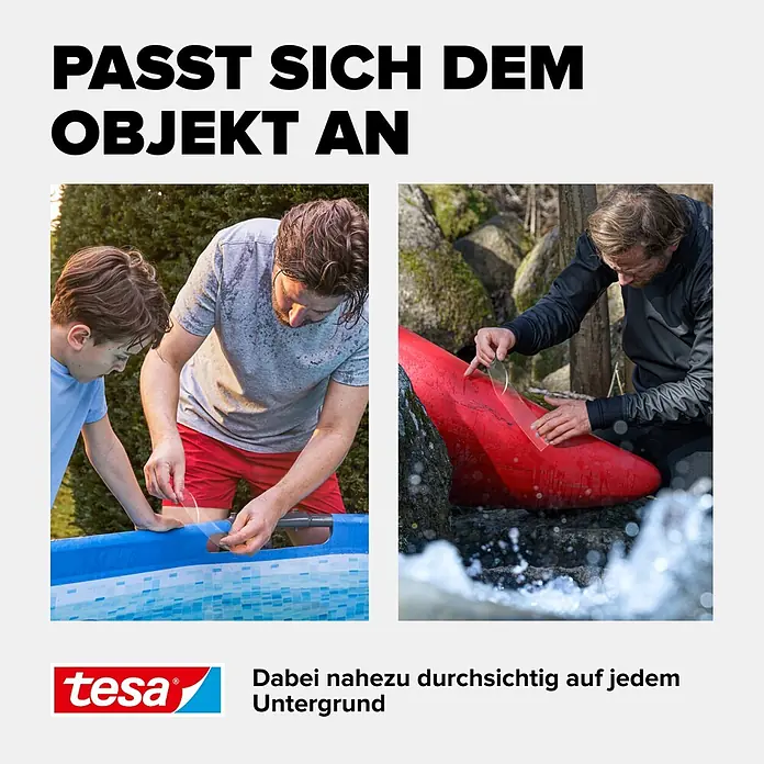 Tesa Ultra Power Reparaturband Under Water - 1,5 m x 50 mm, Transparent - Transparentes tesa Klebeband repariert Pool und Kajak. Passt sich Objekten an.