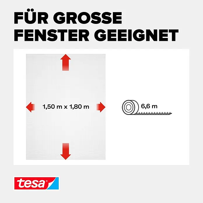 Tesa Insect Stop Insektenschutzfenster Klett - B x H: 1,5 x 1,8 m, Farbe Netz: Weiß, Montage Insektengitter: Ankletten - Weißes Fliegengitter (1,50m x 1,80m) für große Fenster, mit einer 6,6m Rolle Klebeband.