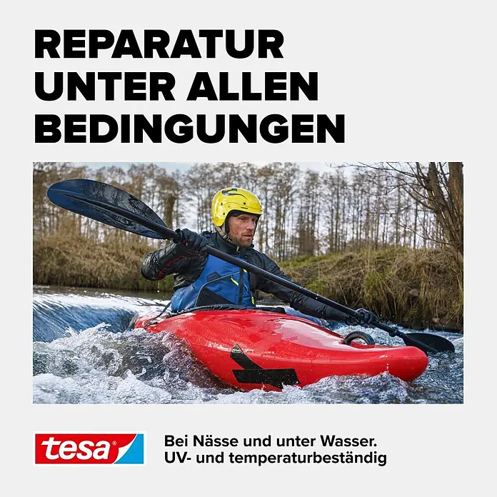Tesa Ultra Power Unterwasser-Klebeband Under Water - Schwarz, 1,5 m x 50 mm - Mann im roten Kajak auf Wildwasser, zeigt Tesa's Allwetter-Reparaturprodukte.