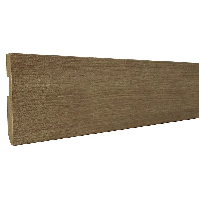 Bariperfil Rodapié Kobe - 225 cm x 14 mm x 80 mm, MDF, Roble Kobe - Rodapié marrón con textura de madera.