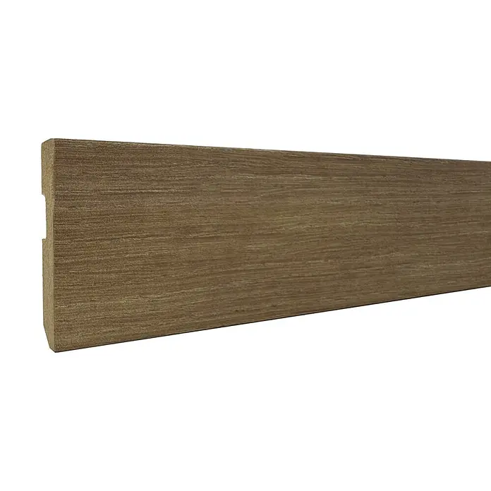 Bariperfil Rodapié Roble Milo - 225 cm x 14 mm x 80 mm, MDF, Roble Milo - Rodapié marrón con textura de madera y perfil rectangular.