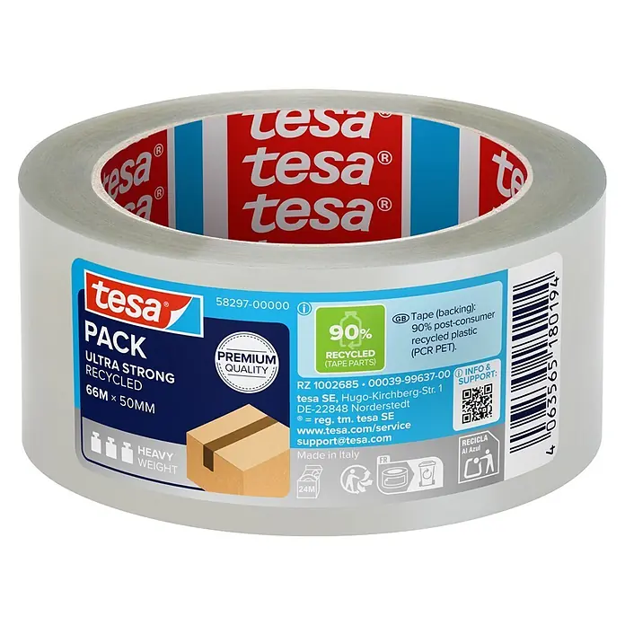 Tesa Pack Paketklebeband Ultra Strong Recycled - Transparent, L x B: 66 m x 50 mm - Eine Rolle tesa PACK Ultra Strong Recycled Klebeband, aus 90% recyceltem Kunststoff, für schwere Verpackungen geeignet.