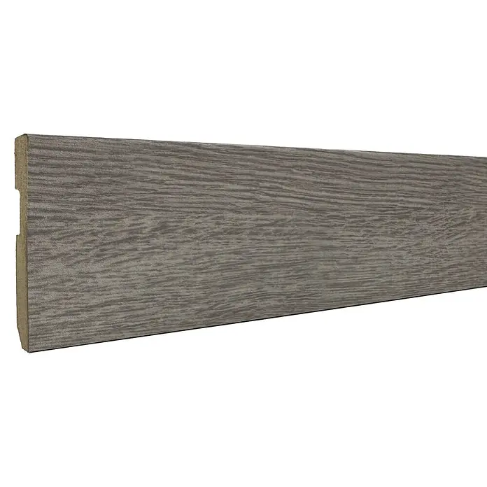 Bariperfil Rodapié Roble Portofino - 225 cm x 14 mm x 80 mm, MDF, Roble Portofino - Rodapié gris con textura de madera, mostrando su perfil.
