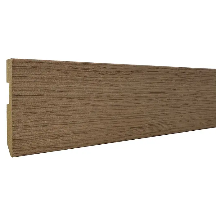 Bariperfil Rodapié Roble Tierra - 225 cm x 14 mm x 80 mm, MDF, Roble Terra - Rodapié efecto madera marrón medio con textura de veta sutil.