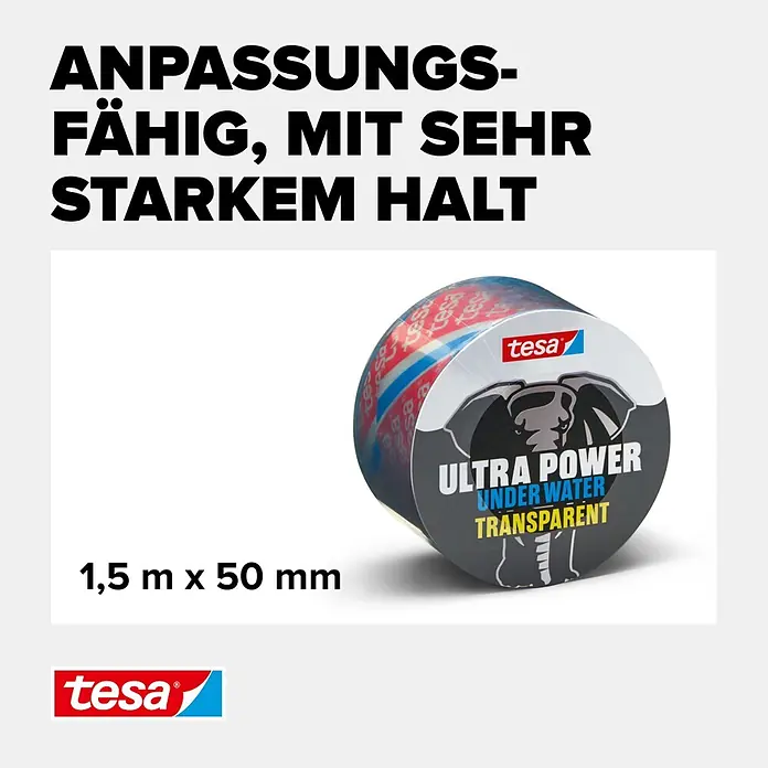 Tesa Ultra Power Reparaturband Under Water - 1,5 m x 50 mm, Transparent - Tesa Ultra Power Under Water transparentes Reparaturklebeband, 1,5 m x 50 mm.