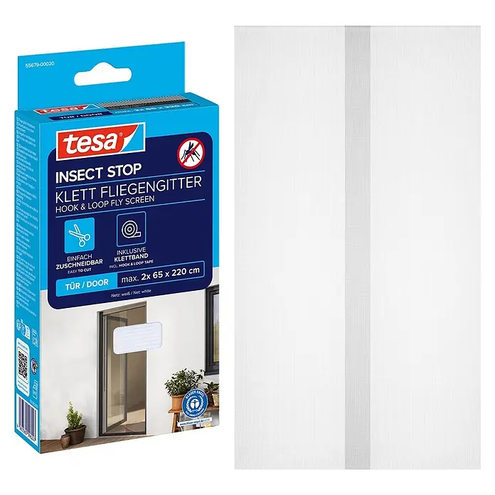 Tesa Insect Stop Insektenschutztür INSECT STOP Klett - B x H: 65 x 220 cm, Montage Insektengitter: Ankletten - Weißes Tesa Klett-Fliegengitter für Türen, inkl. Klettband, max. 2x 65 x 220 cm.