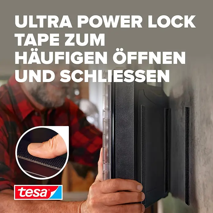 Tesa Ultra Power Klettpad Lock Tape - L x B: 1 m x 25 mm, Schwarz - Schwarzes tesa Ultra Power Lock Band zur Befestigung eines Geräts an der Wand, geeignet für häufiges Öffnen und Schließen.
