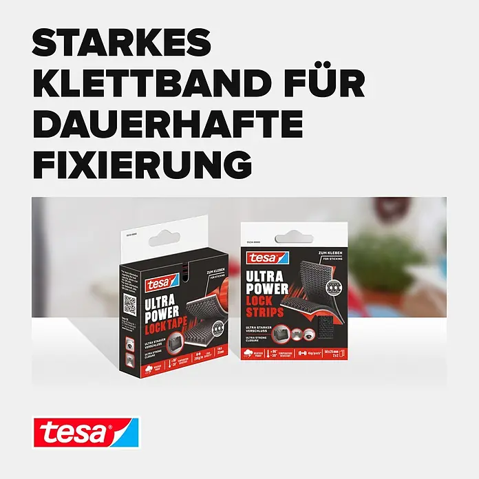 Tesa Ultra Power Klettpad Lock Tape - L x B: 1 m x 25 mm, Schwarz - Zwei Tesa Ultra Power Lock Packungen (Band und Streifen) in Schwarz-Rot, für starke, dauerhafte Fixierung.