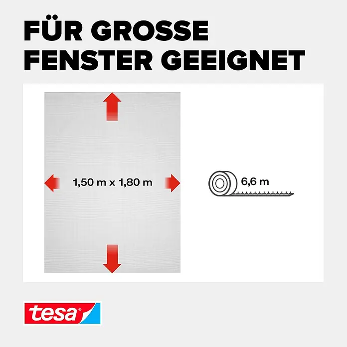 Tesa Insect Stop Insektenschutzfenster Klett - B x H: 1,5 x 1,8 m, Farbe Netz: Anthrazit, Montage Insektengitter: Ankletten - Weißes Fliegengitter (1,50x1,80 m) mit 6,6 m selbstklebendem Band, geeignet für große Fenster.