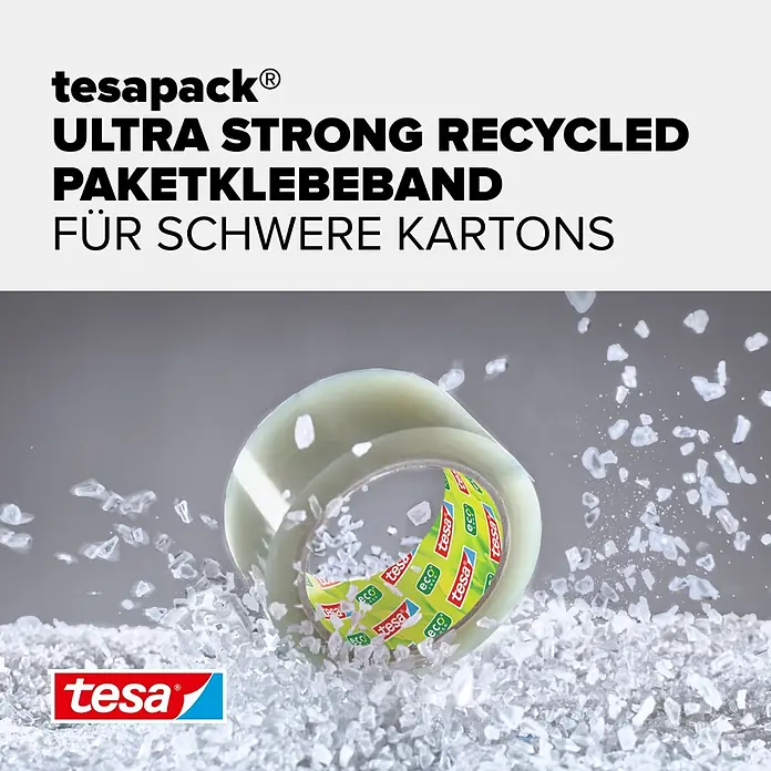 Tesa Pack Paketklebeband Ultra Strong Recycled - Transparent, L x B: 66 m x 50 mm - Transparentes, recyceltes Paketklebeband für schwere Kartons, umgeben von Plastikflocken.