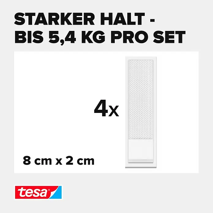 Tesa Selbstklebestrip POWERSTRIPS CLICK 4X2 M - 4 Stk., B x L: 20 x 80 mm - Vier weiße tesa Klebestreifen, 8x2 cm, für starken Halt bis 5,4 kg pro Set.
