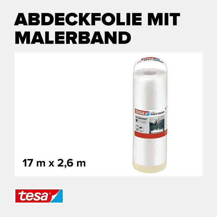 Tesa Abdeckfolie Easy Cover Economy - L x B: 17 m x 260 cm - Tesa Abdeckfolie mit Malerband 17m x 2,6m, weißer Schutzfilm mit beigem Klebeband.