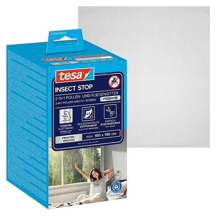 Tesa Pollenschutzgitter - B x H: 1,5 m x 180 cm, Montage Insektengitter: Ankletten - Tesa Insect Stop 2-in-1 Pollen- und Fliegengitter, max. 150x180 cm, weißes Netz, in blauer Verpackung.