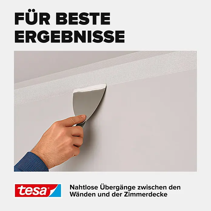 Tesa Reparaturklebeband - Weiß, 20 m x 50 mm - Hand glättet weißes Gewebeband mit einem Spachtel an einem Wand-Decken-Übergang für nahtlose Ergebnisse.