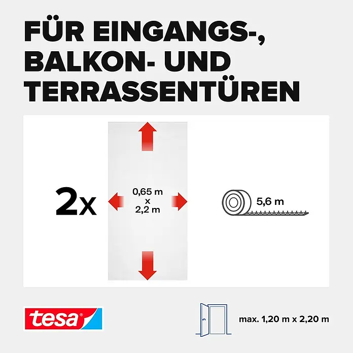 Tesa Insect Stop Insektenschutztür INSECT STOP Klett - B x H: 65 x 220 cm, Montage Insektengitter: Ankletten - Zwei weiße Insektenschutzgitter (je 0,65x2,2m) mit 5,6m Klebeband für Türen bis 1,20x2,20m.