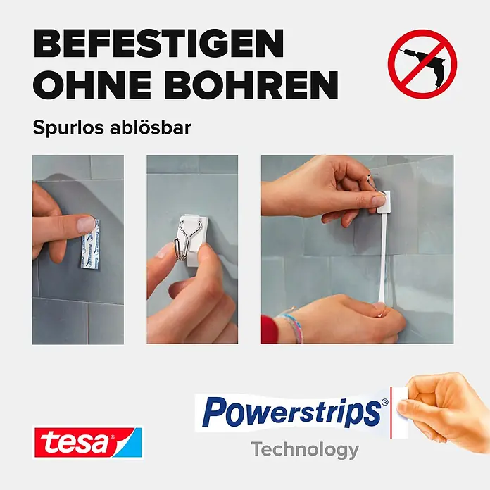 Tesa Powerstrips Selbstklebehaken - Eckig, Größe: S, Weiß, 3 Stk., Metall/Kunststoff - Tesa Powerstrips zeigen bohrfreies Anbringen und rückstandsloses Entfernen von weißen Klebestreifen und Haken. Ideal für schadenfreies Aufhängen.