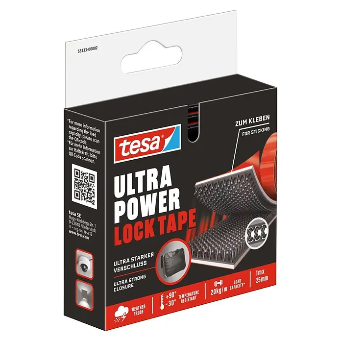 Tesa Ultra Power Klettpad Lock Tape - L x B: 1 m x 25 mm, Schwarz - Tesa Ultra Power Lock Tape, ein schwarzes wetterfestes Klebeband für starke, wiederverwendbare Befestigung, in der Verkaufsverpackung.