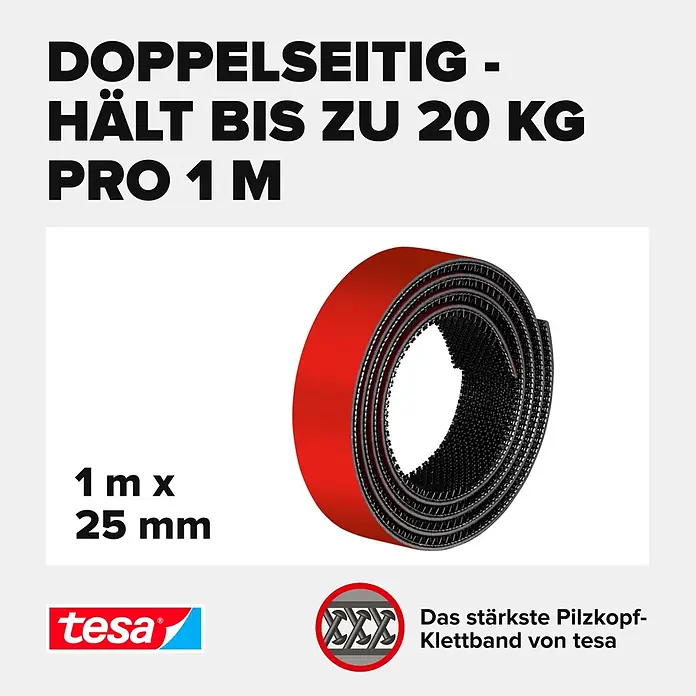 Tesa Ultra Power Klettpad Lock Tape - L x B: 1 m x 25 mm, Schwarz - Rotes und schwarzes tesa doppelseitiges Pilzkopf-Klettband, aufgerollt. Hält bis zu 20 kg/m.