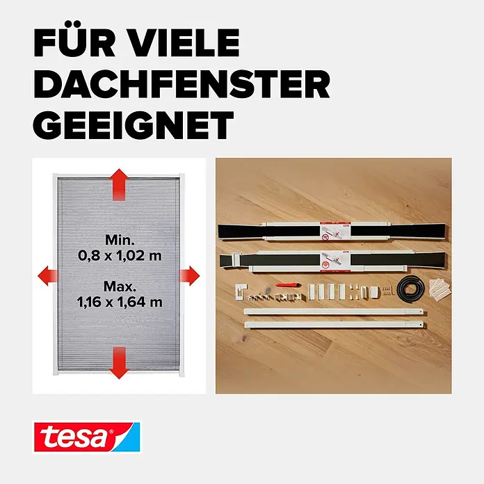 Tesa Sonnen-& Insektenschutz-Gitter - B x H: 116 x 164 cm, Montage Insektengitter: Kleben - Tesa Plissee-Rollo für Dachfenster mit Maßen (min. 0,8x1,02m, max. 1,16x1,64m) und allen Montageteilen.