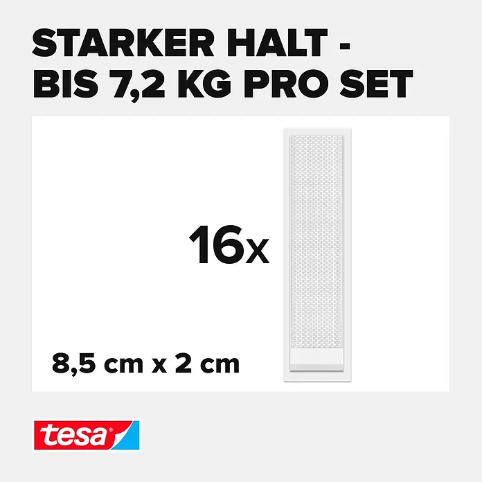Tesa Selbstklebestrip POWERSTRIPS CLICK 16X2 L - 16 Stk., B x L: 20 x 85 mm - Tesa Klebestreifen, 16x 8,5x2 cm, weiß, für starken Halt bis 7,2 kg pro Set.