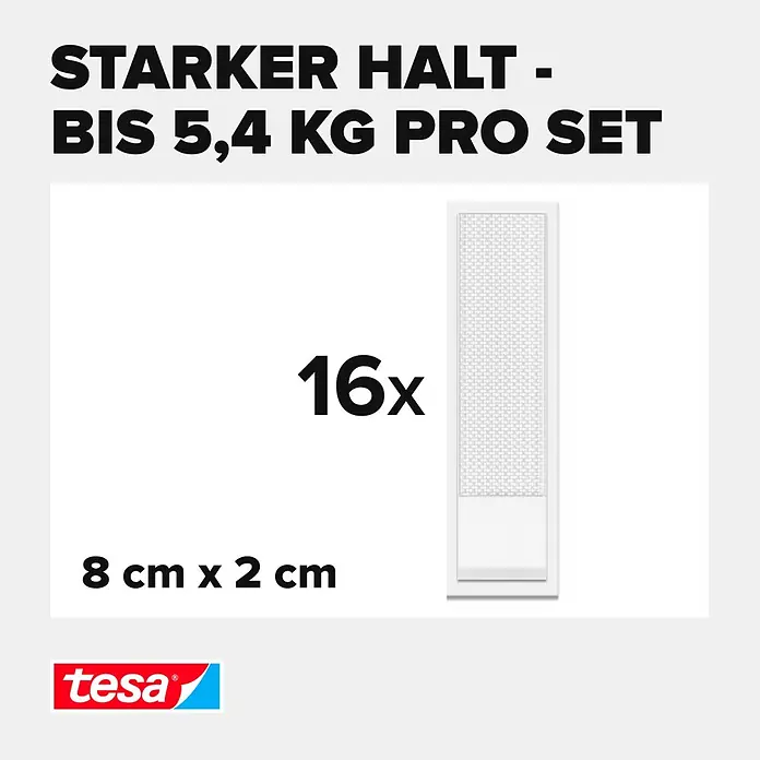 Tesa Selbstklebestrip POWERSTRIPS CLICK 16X2 M - 16 Stk., B x L: 20 x 80 mm - tesa texturierter Klebestreifen, 16 Stück, 8 cm x 2 cm, für starken Halt bis 5,4 kg.