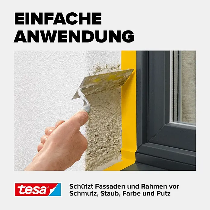 Tesa Putzband PVC - Gelb, L x B: 33 m x 50 mm, Von Hand einreißbar - Gelbes tesa Abdeckband schützt Fensterrahmen bei Putzarbeiten an der Fassade.