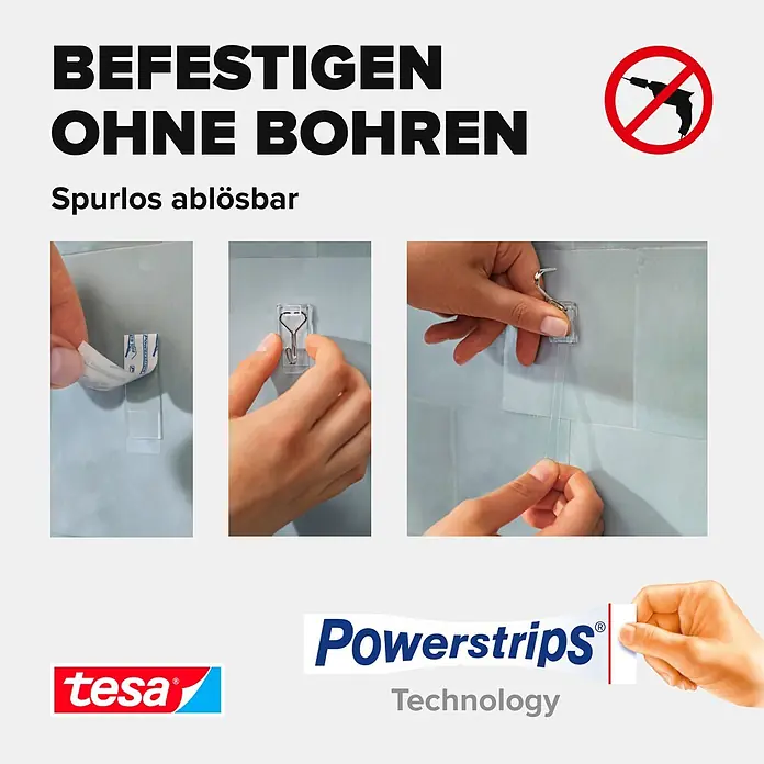 Tesa Powerstrips Selbstklebehaken - Eckig, Größe: S, Transparent, 3 Stk., Metall/Kunststoff - Tesa Powerstrips transparentes Klebehaken-System zur bohrfreien Montage und spurlosen Entfernung. Anwendungsbeispiele gezeigt.