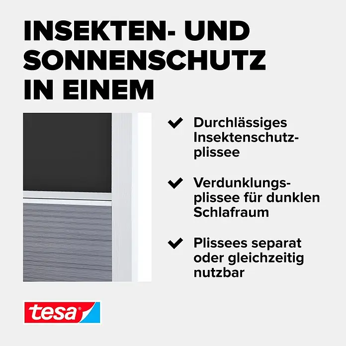 Tesa Sonnen-& Insektenschutz-Gitter - B x H: 116 x 164 cm, Montage Insektengitter: Kleben - Zwei-in-Eins Fensterplissee-System: ein durchsichtiges Insektenschutzgitter und ein dunkles Verdunkelungsplissee mit weißen Rahmen.