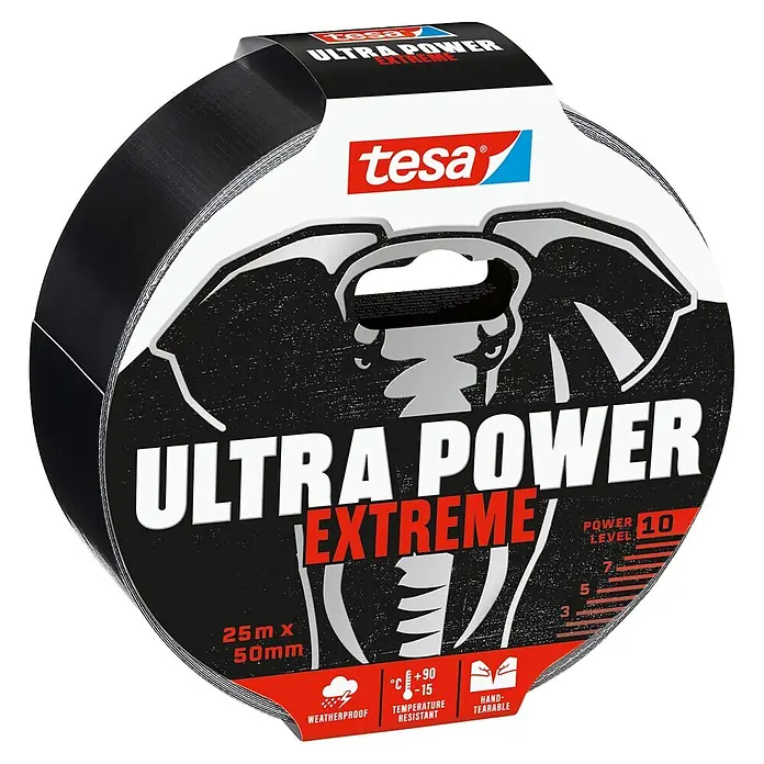 Tesa Ultra Power Reparaturgewebeband Extreme - Schwarz, 25 m x 50 mm - Diagonale Ansicht