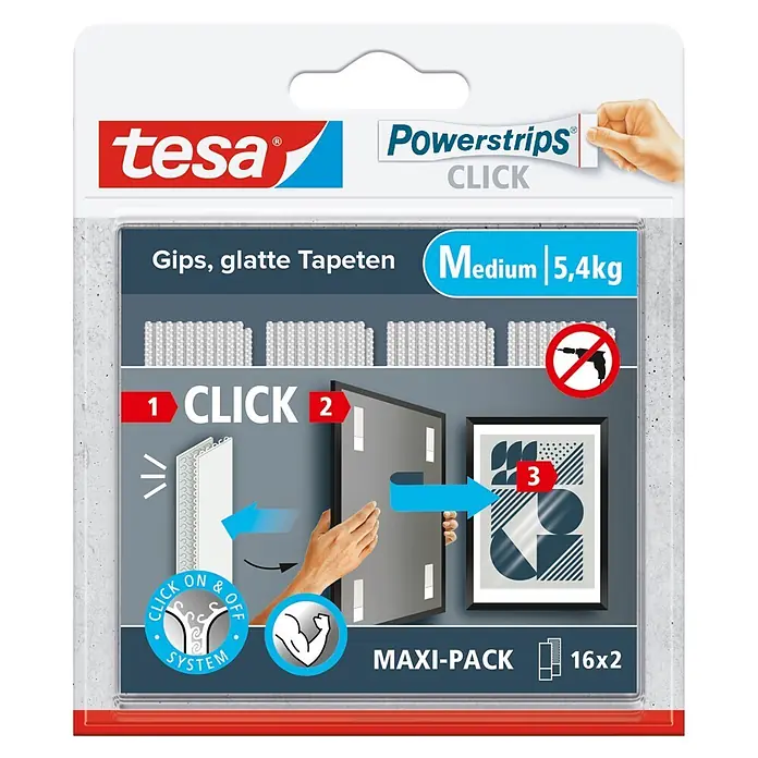 Tesa Selbstklebestrip POWERSTRIPS CLICK 16X2 M - 16 Stk., B x L: 20 x 80 mm - tesa Powerstrips CLICK Klebebefestigungsstreifen für Gips & glatte Tapeten, Medium, 5,4kg, bohrfrei, 16x2.