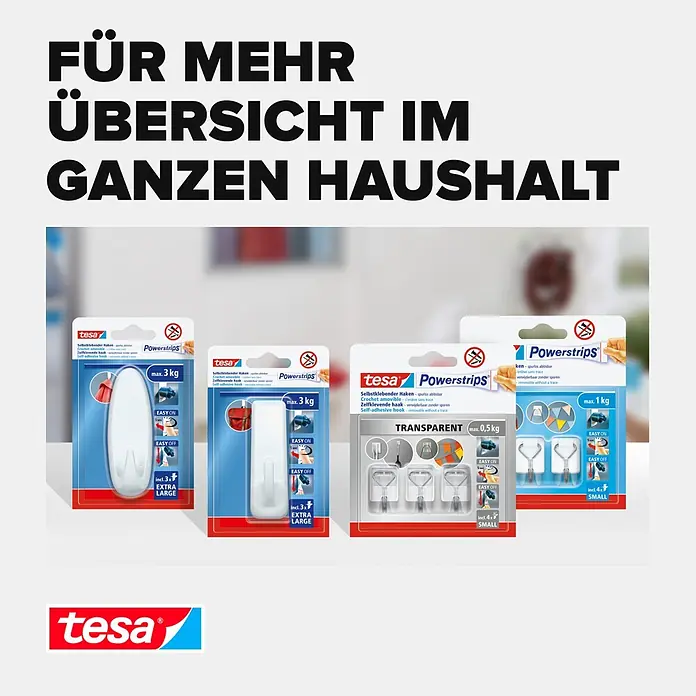 Tesa Powerstrips Selbstklebehaken - Eckig, Größe: S, Transparent, 3 Stk., Metall/Kunststoff - Auswahl an tesa Powerstrips Klebehaken: große weiße (max. 3kg) und kleine transparente Haken (max. 0,5-1kg) in Verpackung.