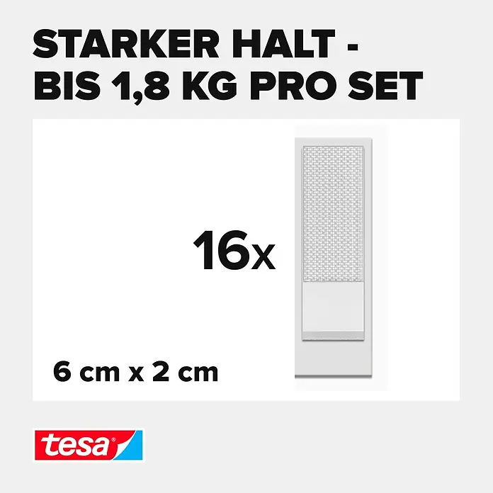 Tesa Selbstklebestrip POWERSTRIPS CLICK 16X2 S - 16 Stk., B x L: 20 x 60 mm - tesa Klebestreifen, 16 Stück, 6x2 cm, starker Halt bis 1,8 kg pro Set.