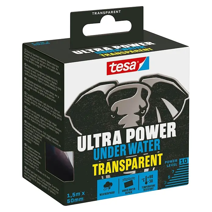 Tesa Ultra Power Reparaturband Under Water - 1,5 m x 50 mm, Transparent - Schachtel tesa Ultra Power Under Water Transparent Reparaturklebeband, 1,5m x 50mm.