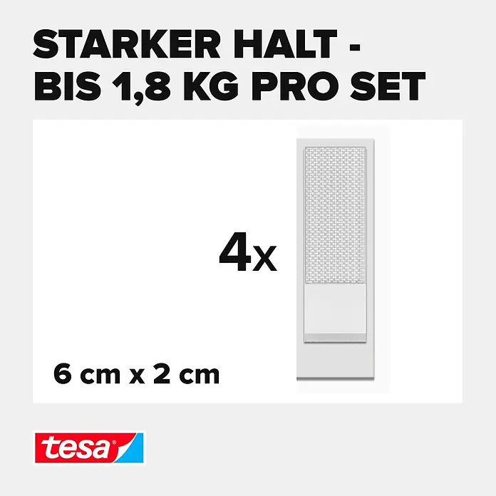Tesa Selbstklebestrip POWERSTRIPS CLICK 4X2 S - 4 Stk., B x L: 20 x 60 mm - Vier weiße Tesa-Haltestreifen, 6x2 cm, für bis zu 1,8 kg Halt pro Set.