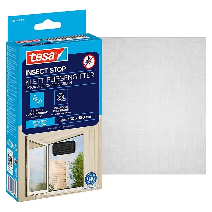 Tesa Insect Stop Insektenschutzfenster Klett - B x H: 1,5 x 1,8 m, Farbe Netz: Anthrazit, Montage Insektengitter: Ankletten - tesa Klett Fliegengitter, anthrazites Netz (max. 150x180 cm), mit Verpackung.