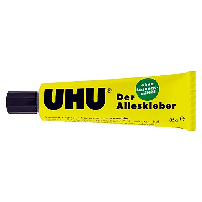 UHU Alleskleber - 35 g, Tube, Gelartig, Gebrauchsfertig - Bild einer Tube UHU Alleskleber, ein Universalkleber für verschiedene Materialien, lösemittelfrei und kraftvoll, in gelber Verpackung.