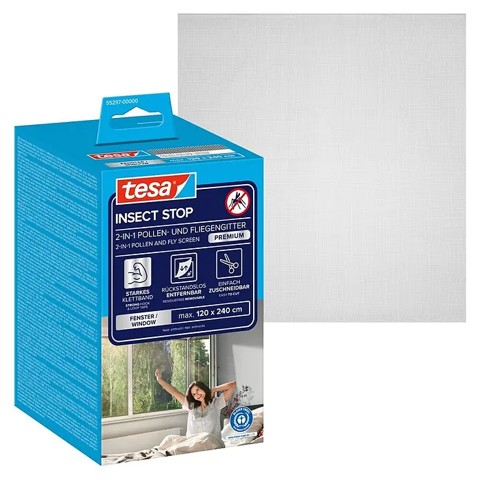 Tesa Pollenschutzgitter - B x H: 120 x 240 cm, Montage Insektengitter: Ankletten - Tesa 'Insect Stop' 2-in-1 Pollen- und Fliegengitter, blaue Verpackung, mit weißem Netzmuster. Max. 120x240cm.