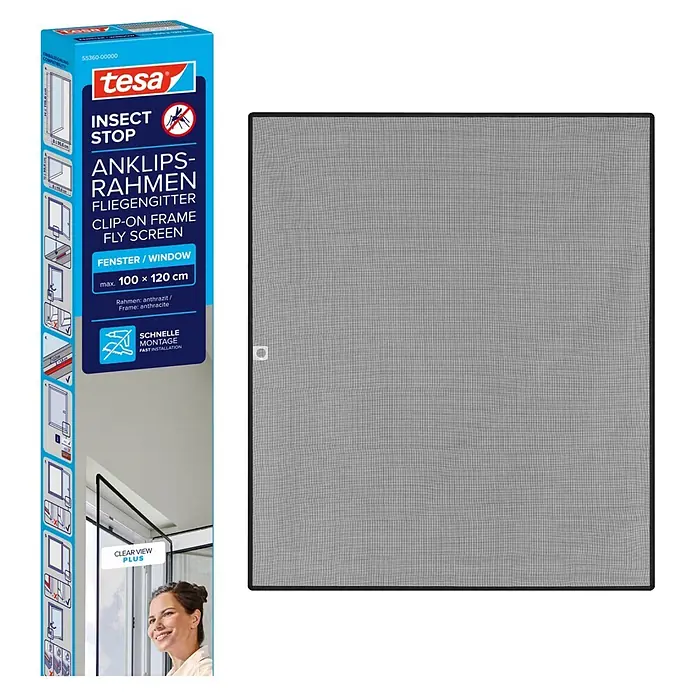 Tesa Insektenschutzfenster Insect Stop Anklipsrahmen - B x H: 1 x 1,2 m, Montage Insektengitter: Klemmen, Anthrazit - Tesa Anklips-Rahmen Fliegengitter für Fenster, max. 100x120 cm, Rahmen anthrazit.