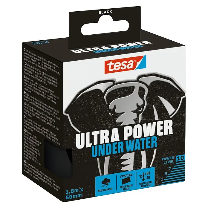 Tesa Ultra Power Unterwasser-Klebeband Under Water - Schwarz, 1,5 m x 50 mm - Schwarzes tesa Ultra Power Under Water Reparaturklebeband in einer Verpackung, 1,5m x 50mm, für wasserdichte Reparaturen bei extremen Temperaturen.