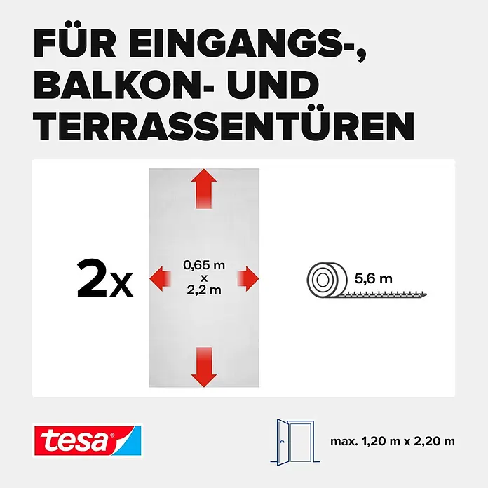 Tesa Insect Stop Insektenschutztür INSECT STOP Klett - B x H: 65 x 220 cm, Montage Insektengitter: Ankletten - Weißes Tesa Insektenschutzgitter-Set für Türen, mit zwei 0,65x2,2m Gitterstücken und 5,6m Band, passend für Türen bis 1,20x2,20m.