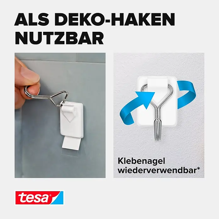 Tesa Powerstrips Selbstklebehaken - Eckig, Größe: S, Weiß, 3 Stk., Metall/Kunststoff - Weißer Tesa Klebenagel/Haken mit silbernem Metallhaken, der eingesetzt wird und die Wiederverwendbarkeit hervorhebt.