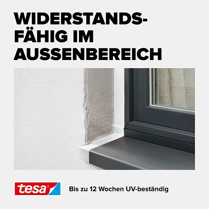 Tesa Putzband PE - Weiß, L x B: 33 m x 5 cm, Von Hand einreißbar - Weißes Schutzband an Fensterrahmen und strukturierter Wand, für den Außenbereich und UV-beständig.