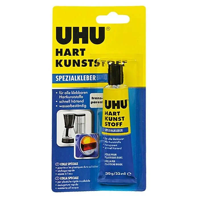 UHU Spezialkleber für Hartkunststoff - 30 g, Tube - Abbildung der Verpackung von UHU Hart Kunststoff Spezialkleber, ideal für Kunststoffreparaturen und Bastelarbeiten.
