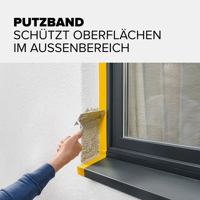 Tesa Putzband PVC - Gelb, L x B: 33 m x 50 mm, Von Hand einreißbar - Gelbes Putzband schützt einen Fensterrahmen beim Verputzen.