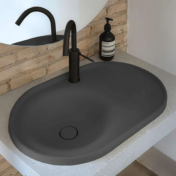 Poalgi Einbauwaschbecken DAL - 64 x 42 cm, Mit antibakterieller Glasur, Hahnloch: Ohne, Ohne Überlauf, Anthrazitschwarz