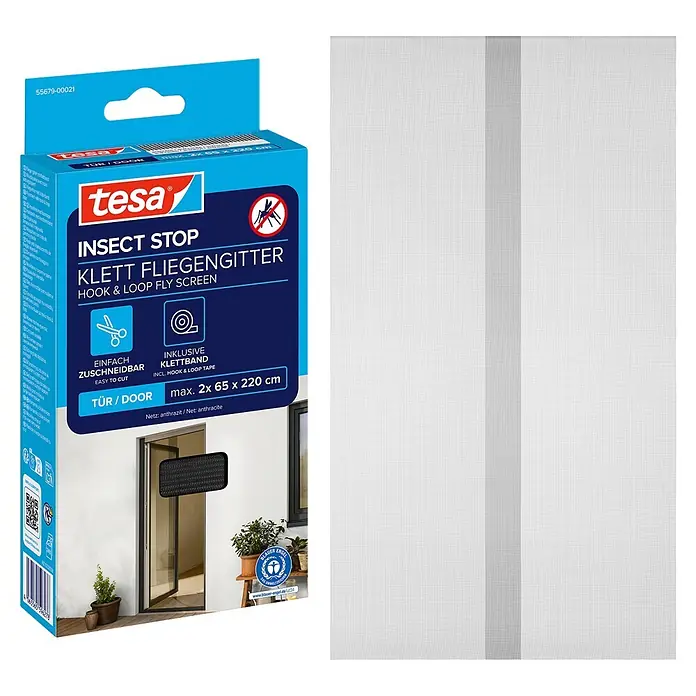 Tesa Insect Stop Insektenschutztür INSECT STOP Klett - B x H: 65 x 220 cm, Montage Insektengitter: Ankletten - Tesa Klett-Fliegengitter für Türen, anthrazit, mit blauer Verpackung.