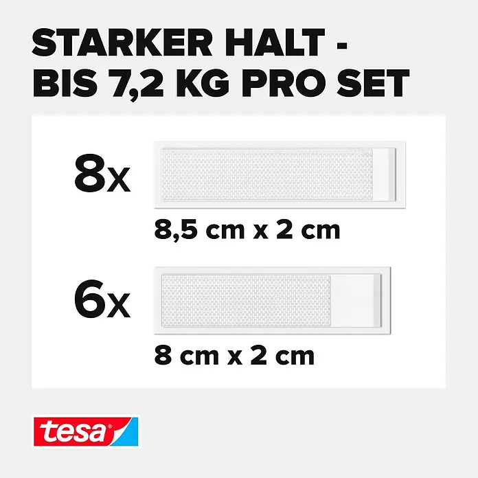 Tesa Selbstklebestrip CLICK COMBO 6X2 M & 8X2 L - 14 Stk., B x L: 20 x 85 mm - Tesa Klebestreifen: 8x 8,5x2 cm und 6x 8x2 cm. Starker Halt bis 7,2 kg pro Set.