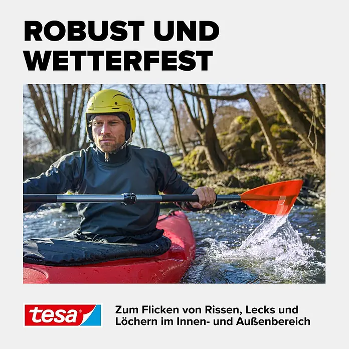 Tesa Ultra Power Reparaturband Under Water - 1,5 m x 50 mm, Transparent - Kajakfahrer demonstriert tesa's robuste, wetterfeste Reparaturlösung für Risse, Lecks und Löcher innen und außen.