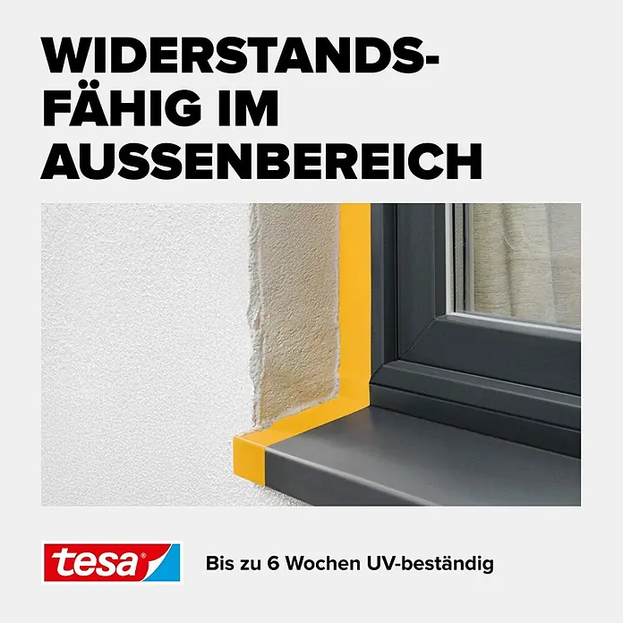 Tesa Putzband PVC - Gelb, L x B: 33 m x 50 mm, Von Hand einreißbar - Gelbes tesa Abdeckband außen an einem Fensterrahmen, UV-beständig.
