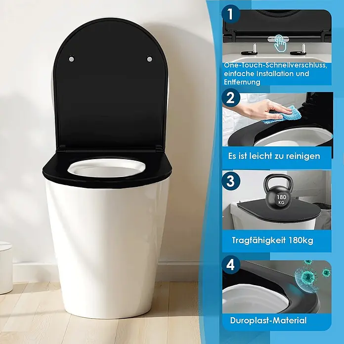 SAINOS WC-Sitz Duroplast WC-Sitz, , Universal-O-Form, Absenkautomatik, Oben - Duroplast, Schwarz, Mit Absenkautomatik